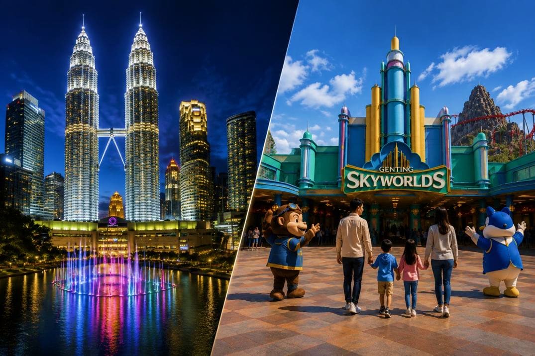 Left: Petronas Twin Towers at night with illuminated fountain. Right: Genting Skyworlds theme park entrance with visitors and